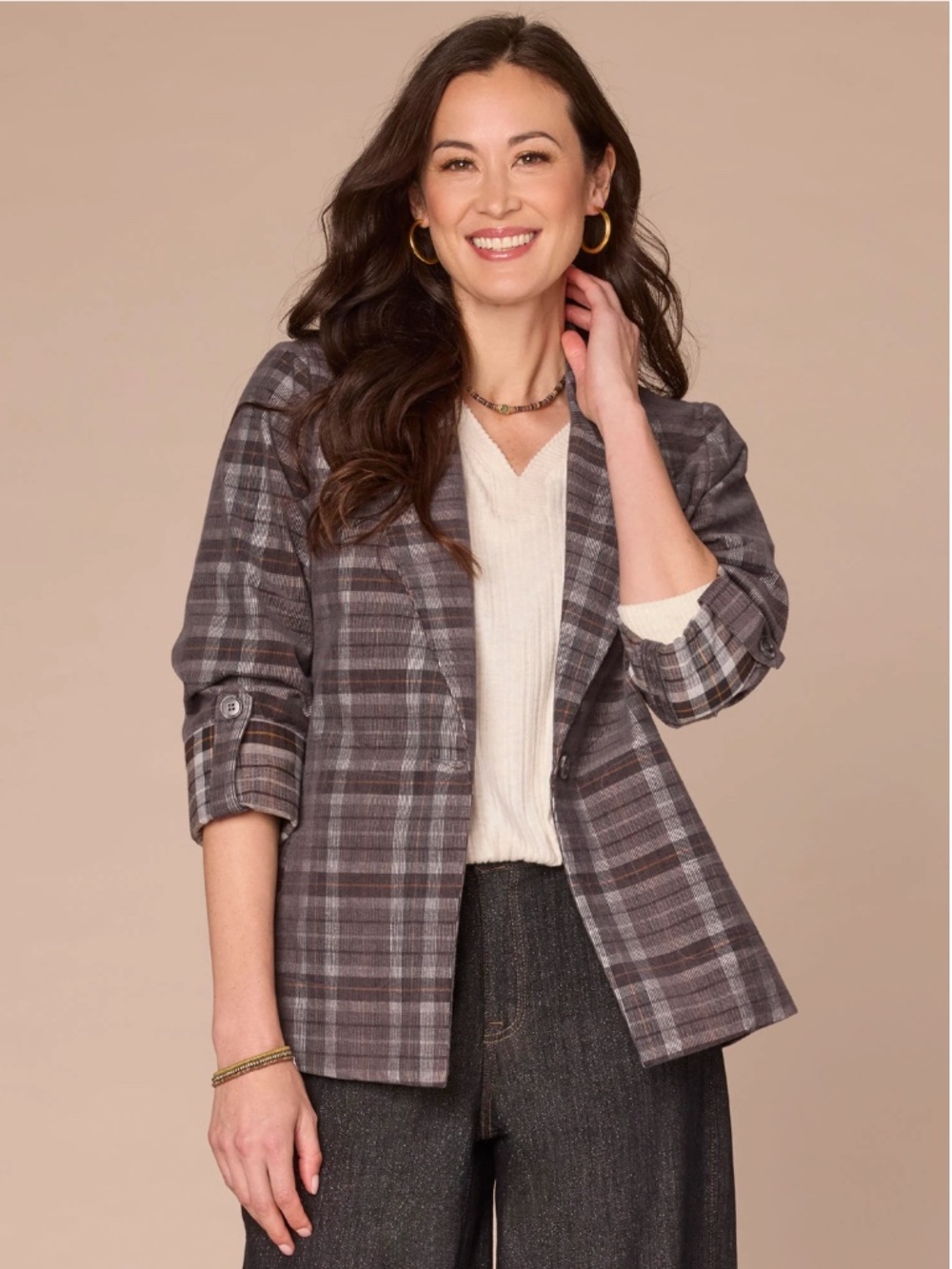 Long Roll Tab Sleeve Princess Seam Pockets Single Button Plaid Blazer (Size L)